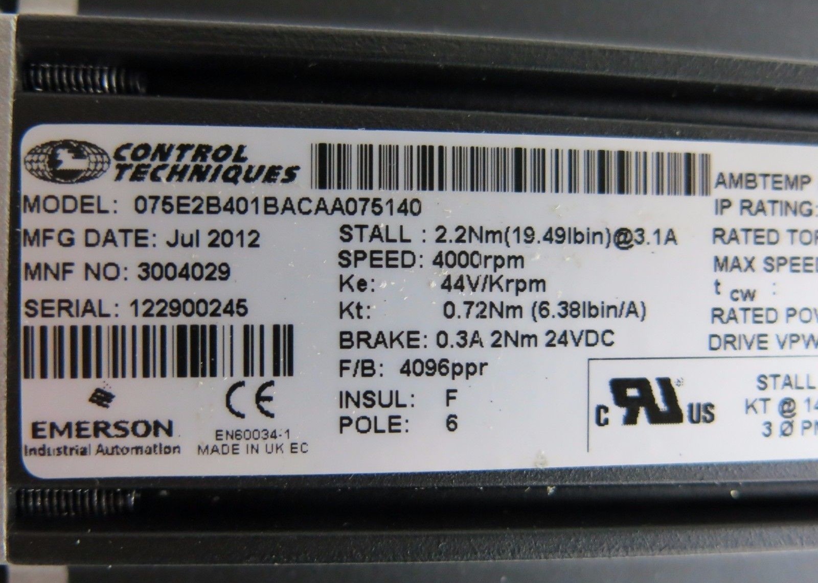 075E2B401BACAA075140 новый оригинал, 1.7N.m, 5400rpm, 74s, 0.71kw, 200/240VAC, 19,5 фунта в Cont EMERSON.