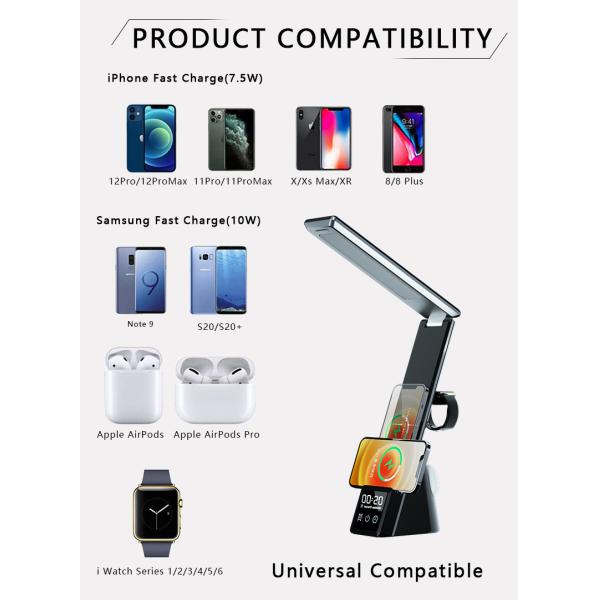Office Household Wireless Charging Table Lamp with 15W Output Power and Digital Display Alarm Clock Multifunctional
