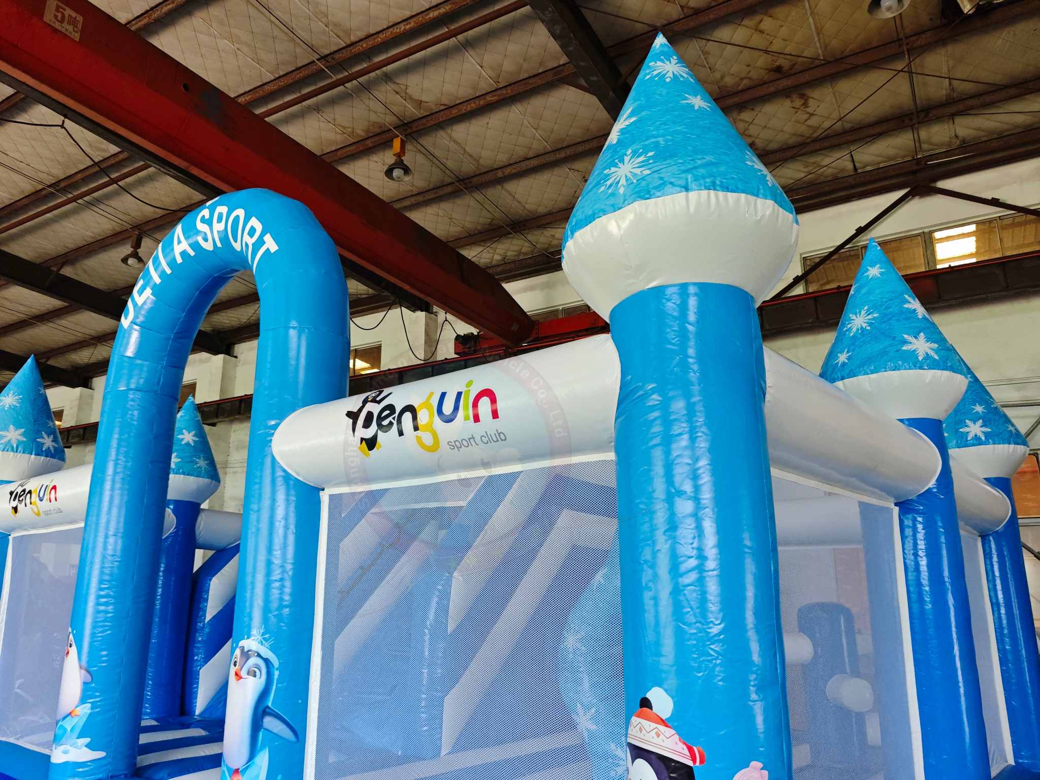 Inflatable Penguin Bounce House Slide Combo Blue Theme Kids Castle With Bounce Area Climbing Section Mesh Walls Rental Playground Equipment