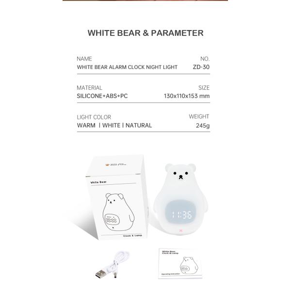 Luz e som de noite LED máquina Urso bonito relógio de treinamento de sono para quartos de crianças