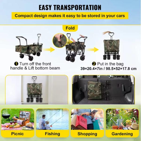 Collapsible 4-Wheel Metal Foldable Trolley Cart for Garden Beach Shopping Storage Tool