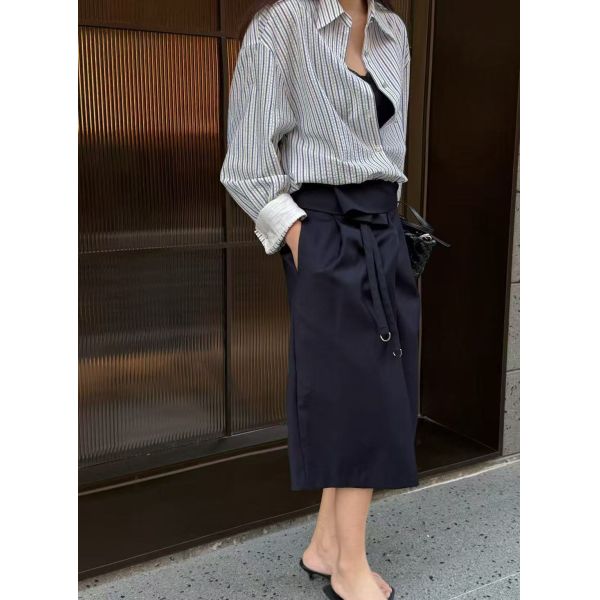 Spring and summer hot casual fashion 100% pure cotton navy blue and white architectural style pleated striped shirt