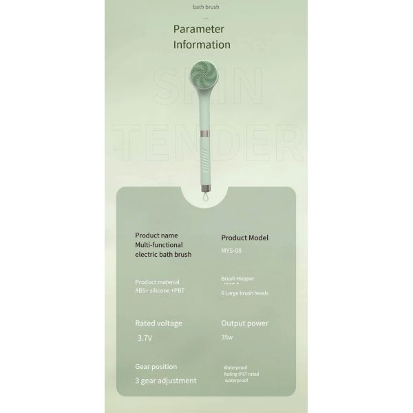 Waterproof Electric Shower Brush with 6 Heads and Long Handle for Deep Cleaning