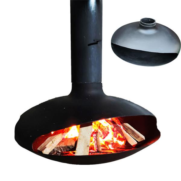 Une cheminée à bois suspendue noire moderne pour un chauffage confortable