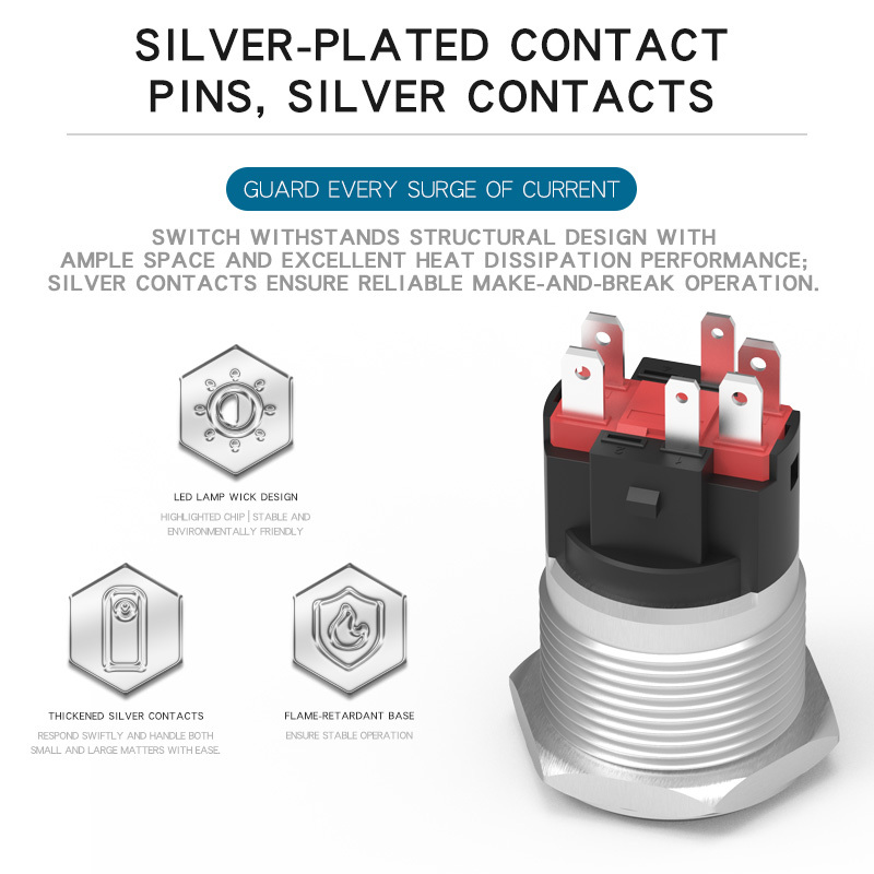22MM10A High-Current Metal Push Button Switch with Light, Self-Reset and Self-Locking, Normally Open and Normally Closed