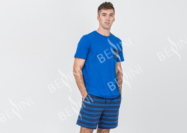 Mens Cotton Jersey Round Neck Tee and Yarn Dyed Striped Short Pants Pyjamas Set Functional Placket Side Pockets