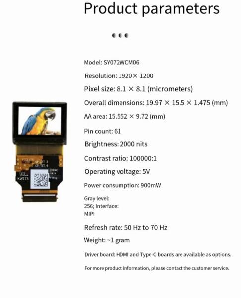 0.72 Inch Full Color Micro Oled Screen 4k Oled Microdisplay 1920*1200
