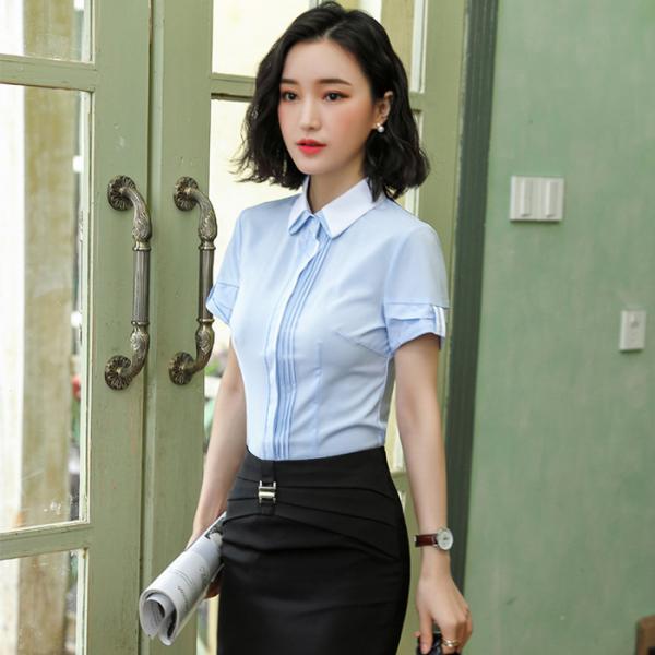 Short Sleeve Ladies Office Dresses / Summer Elegant Waist Tie Round Collar Women Business Dress