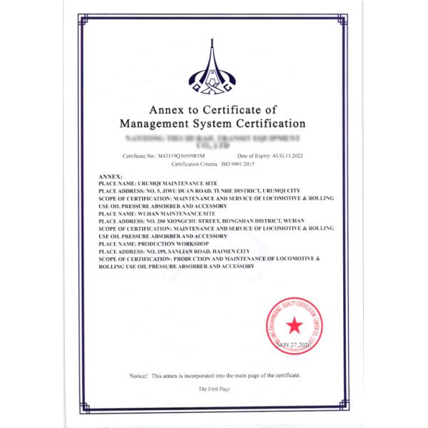 ISO 45001 EN 15085-2 CRCC Railway Oil Dampers