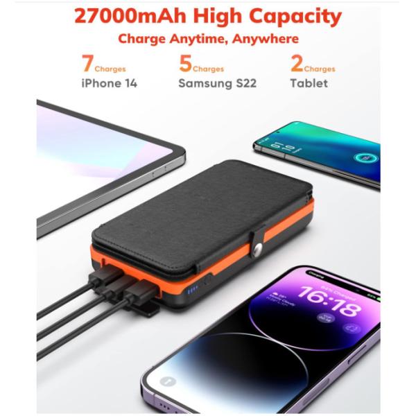 22.5W 27000mAh портативный солнечный зарядный блок для мобильного телефона