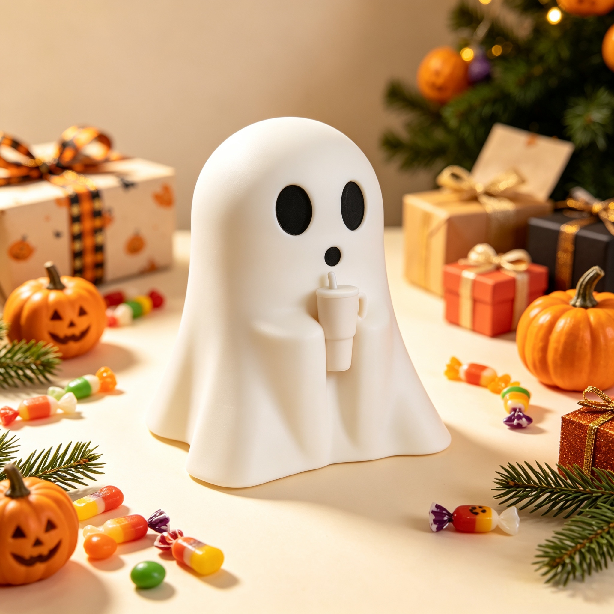 Ghost With Drink Cup Figurine, 3D Printed Holiday Decoration Halloween Desk Ornament