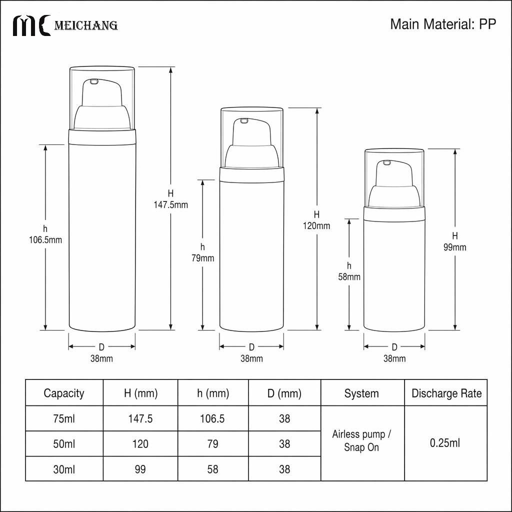 30ml 50ml 75ml Refillable PP Airless Lotion Pump Bottle for Eye Cream and Skincare Packaging(MC-228)
