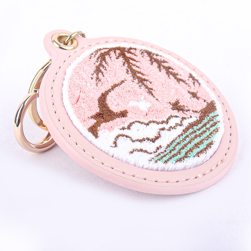 Toothbrush Embroidered Leather Key Ring Pink Island Scenery Premium Embroidery Keychain 3D High-Quality Double-Sided