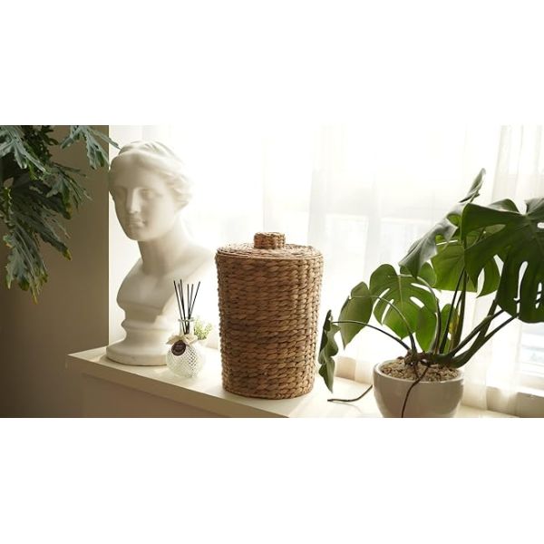 Wicker Waste Basket - Water Hyacinth Bathroom Garbage Can With A Lid - Bathroom Trash Can Boho Style - Wicker Trash Can With Lid For Household, Kitchen - Removable Liner, Iron Frame