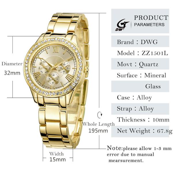 18K Gold PVD Plated Quartz Ladies Wrist Watches 3atm Waterproof