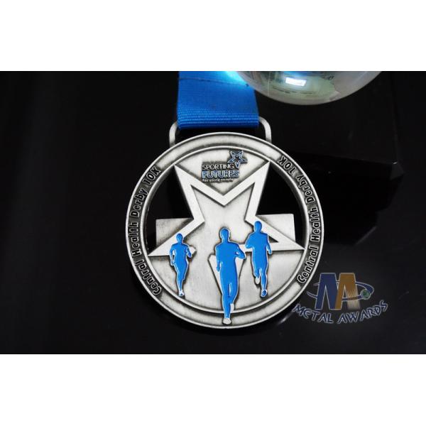 2D Silver Design Running Race Medals , Custom Insert Medals With Blue Enamel Color