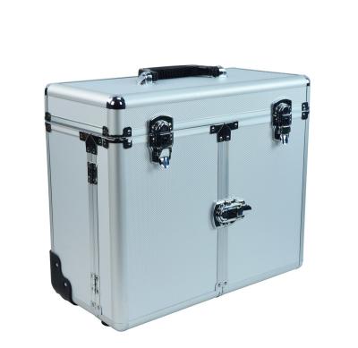 Silver Aluminum Hairdresser Trolley Case Aluminum Grooming Case With Trolly In Silver