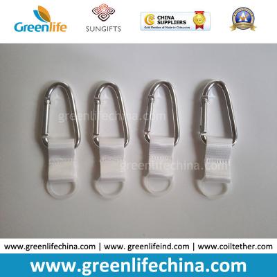 Customized Silver D-Shaped Carabiner with Short White Webbing Strap and Rubber Round Loop for Hand Washing Bottle