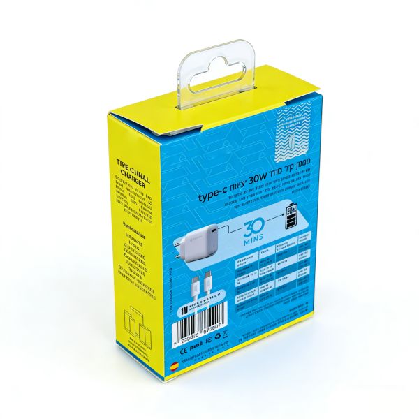 Custom Logo Printed 30W USB-C Charger Packaging Box with Blister Hook Window for Phone Chargers