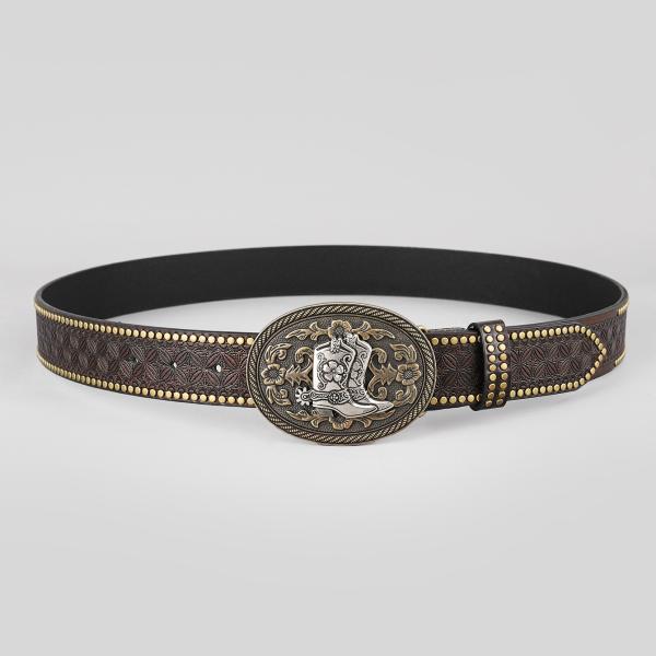 Unisex Vintage Cow Head Embossed PU Leather Belt with Buckle Fastening Western Rivet Belt