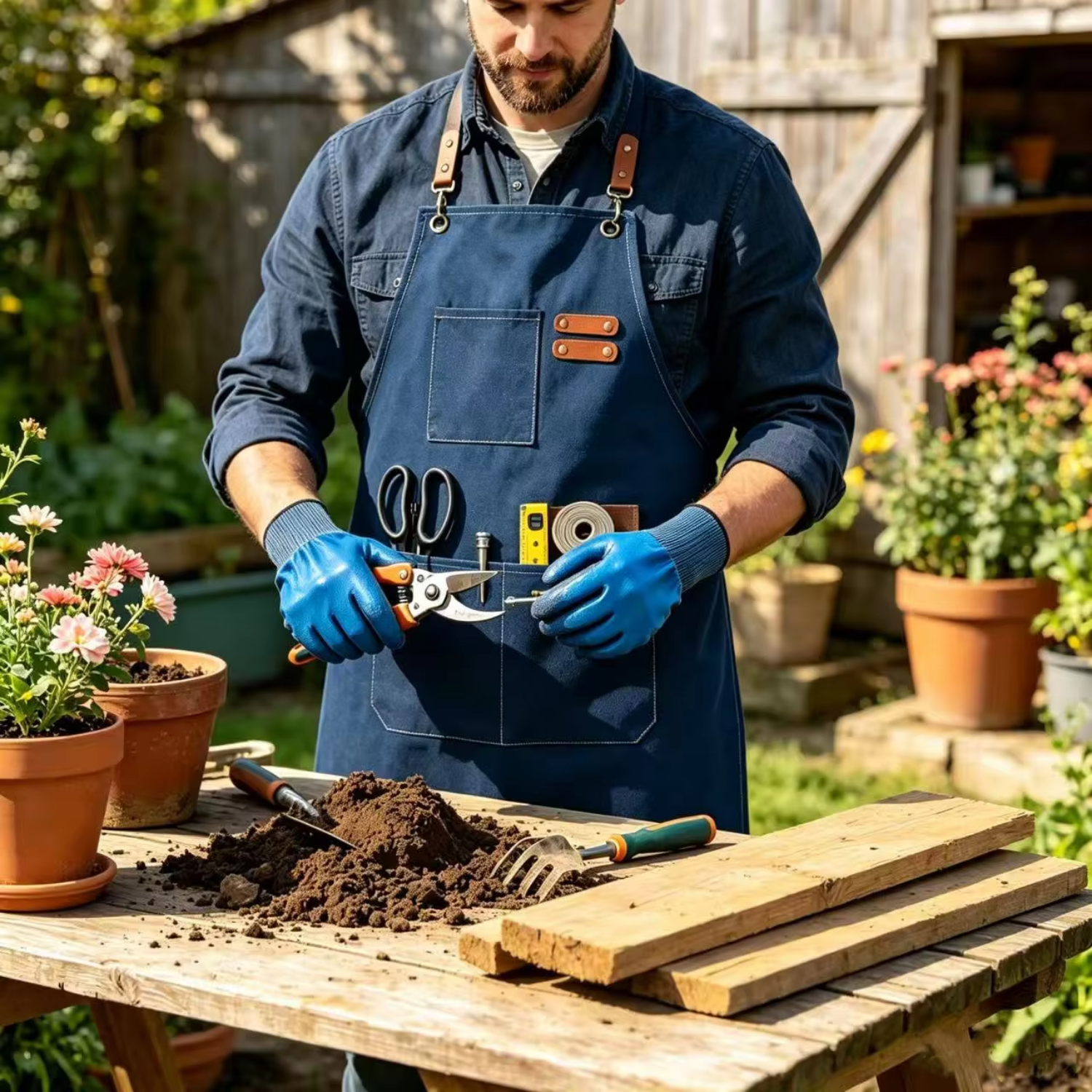Aprons for Men Women with Oversized Pockets, 16-Ounce Cotton Canvas Cross Back Heavy Duty Work Apron Tool Apron (Navy Blue)