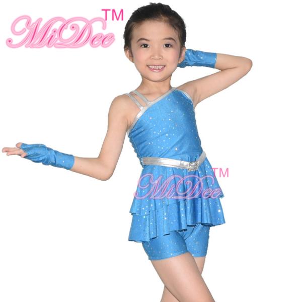 Diagonal Neck Kids Dance Costumes Pink Blue Red Confetti Spandex Outfits