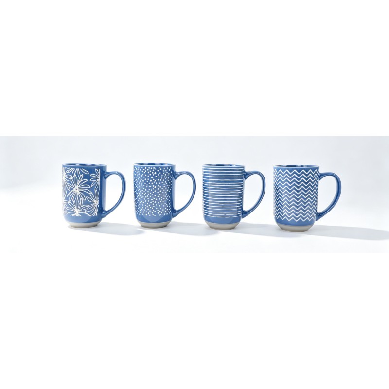 Cobalt Blue White Geometric & Floral Embossed Ceramic Mug Set, Contrast Raw Clay Base Modern Boho Coffee Cups