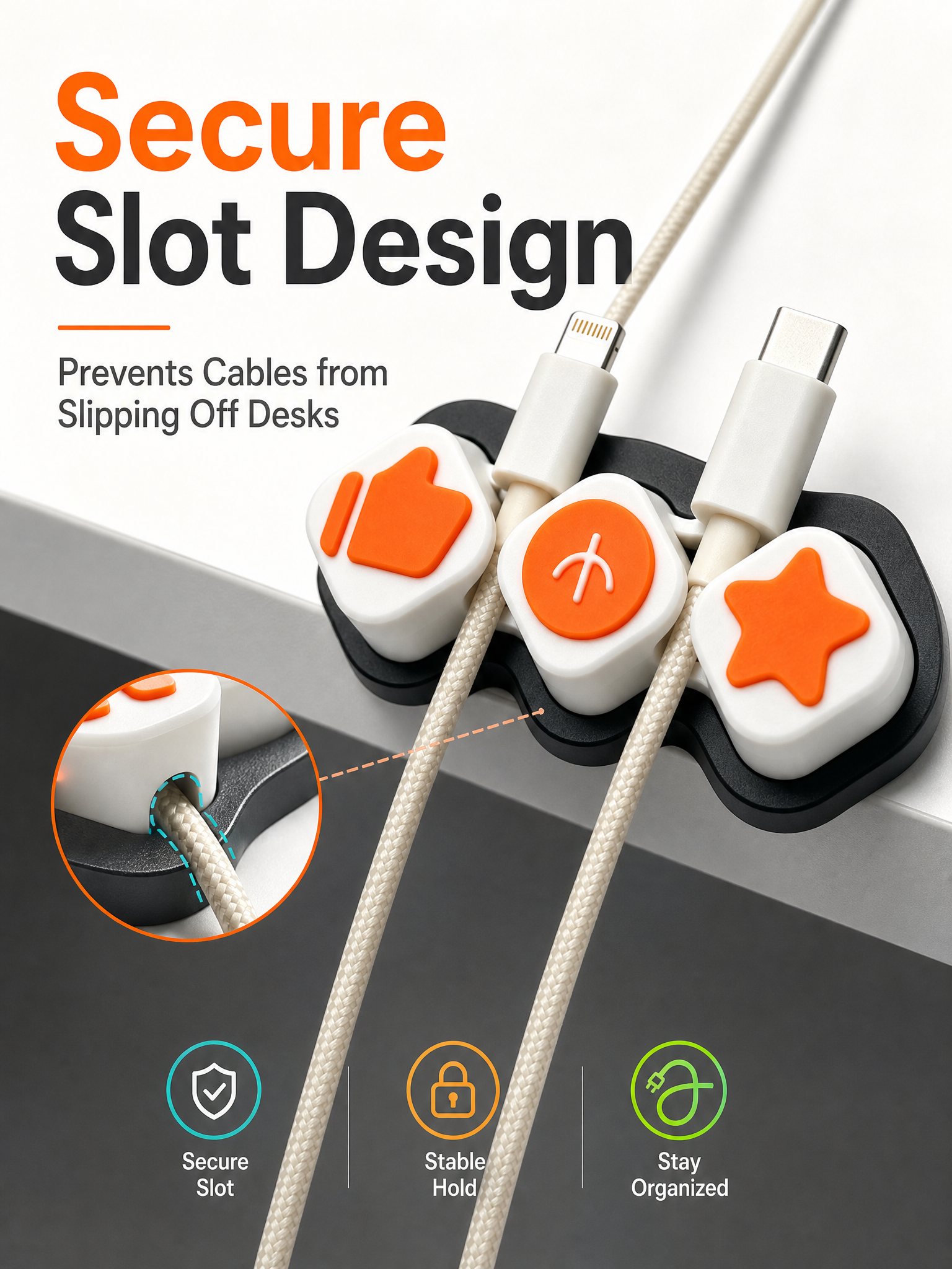 Child Safe 3d Printed Office Accessories Triple Cable Clip Organizer For Desktop