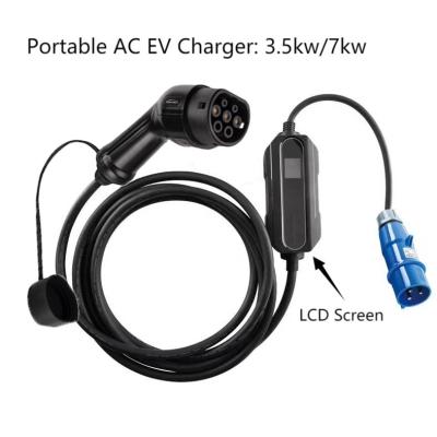 60Hz Car Portable AC EV Charger 32Amp 7kW LCD Screen Type 2