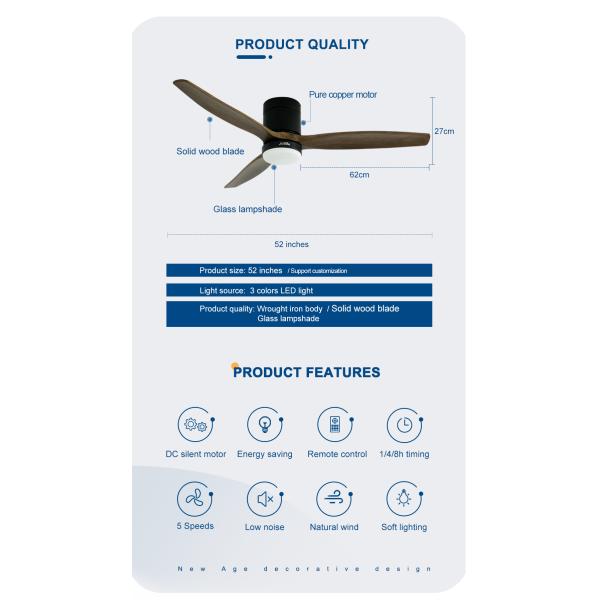 ceiling fan 3 lâminas de madeira natural de baixo perfil 52 polegadas ventilador de teto com luz led
