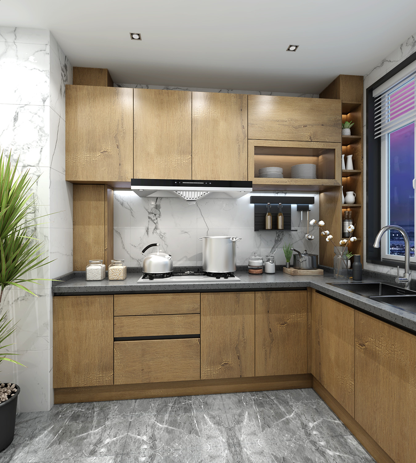Kitchen Cabinets Modern Design with Quartz Stone Countertop and Backsplash Accessories
