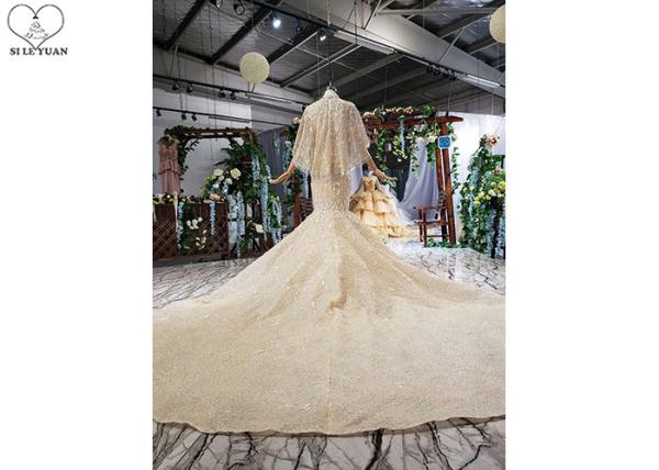 Sling Gold Tailor Made Prom Dresses Deep V Neck Lace Fishtail Beaded Shawl