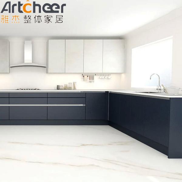 Grey and Blue Color Customized Kitchen Cabinet in L Shape Design for Modern Kitchen from Foshan