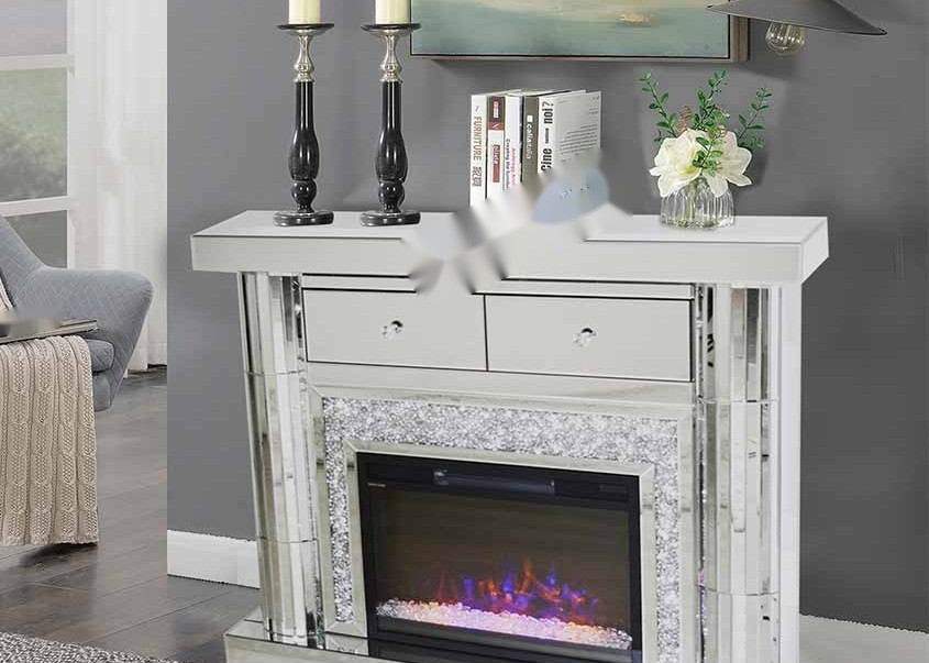 Mirrored Fireplace TV Stand with Crushed Diamond Design and 2 Drawers - Electric