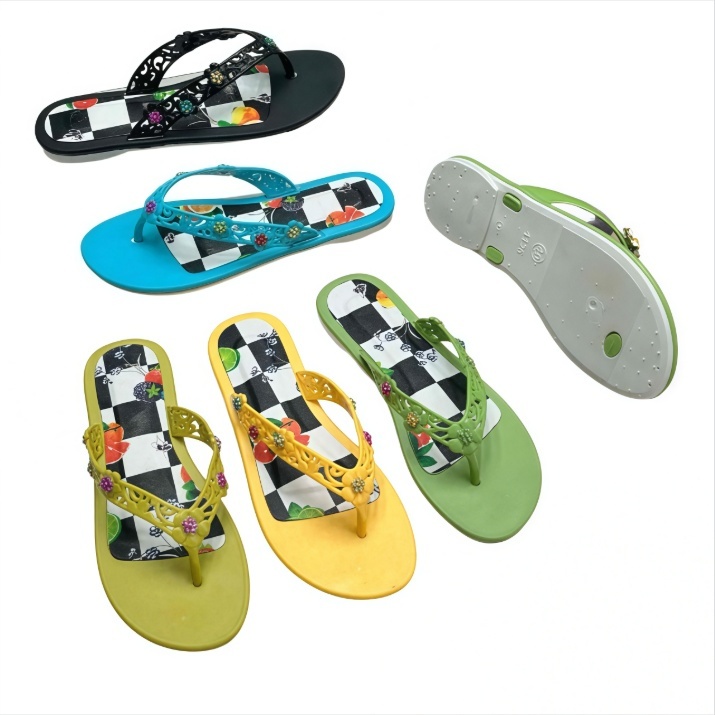 PVC Women Checkerboard Fruit Print Thongs With Hollow Floral Strap And Rhinestone Accents