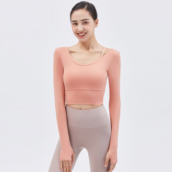 Ribbed Seamless Long Sleeve Crop Top for Women in Peach Pink - Buttery Soft Yoga & Workout Shirt with Built in Bra