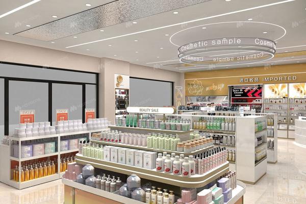 Customized Makeup Shop Interior Design White & Gold Retail Display Rack for Fashion-forward Shop Design and Cosmetic Store Display