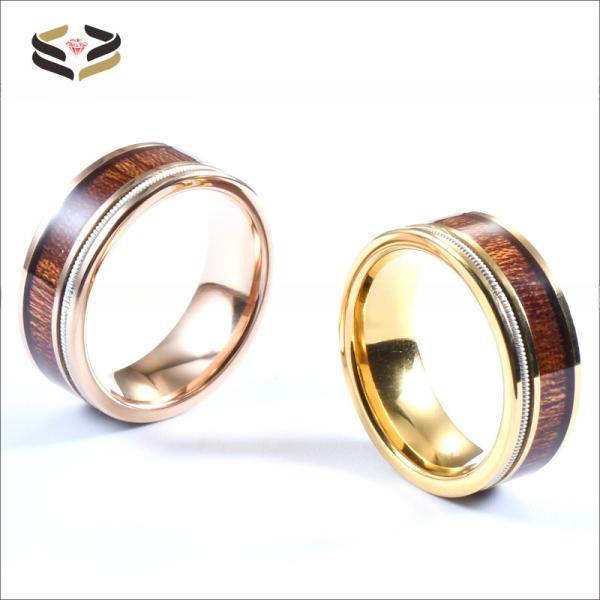 Anillo de carburo de tungsteno dorado plano para hombre con incrustaciones de madera de Koa y cuerda de guitarra de 8 mm para fiesta