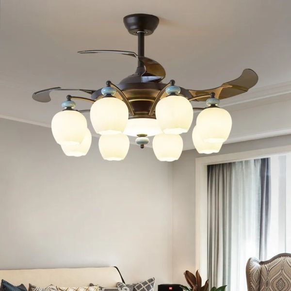 Luxury Ceiling Fan Light Remote LED Electric Fan Light with glass lampshade metal Stealth Fan Light (WH-VLL-28)