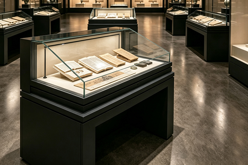 Custom Gas-Strut Hydraulic Lift Museum Display Case with Anti-Glare Low-Iron Glass Lid and Adjustable Acrylic Book Cradles