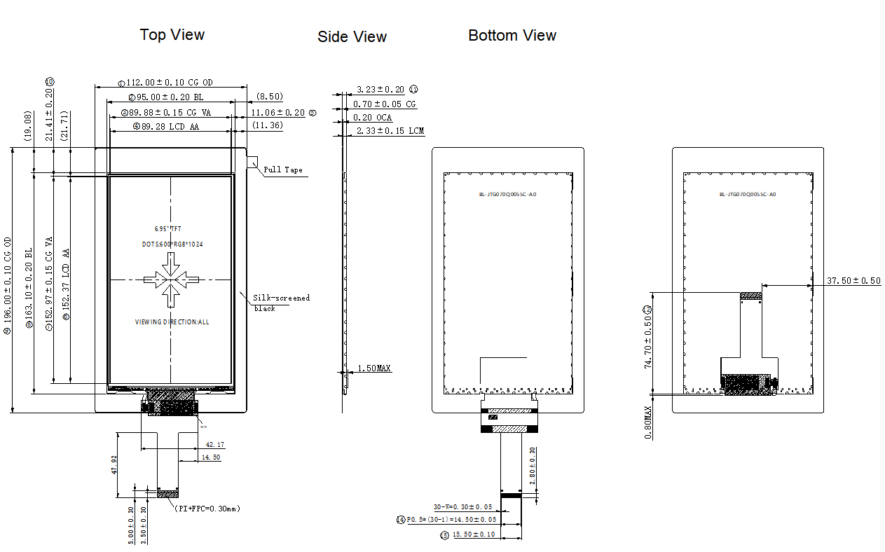 6.95 Inch INCELL WSVGA TFT LCD Display Screen 600x1024 380cd/M2 Brightness