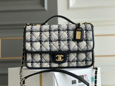 Classic 2WAY Chanel Medium Flap Bag Messenger Black White Plaid Wool