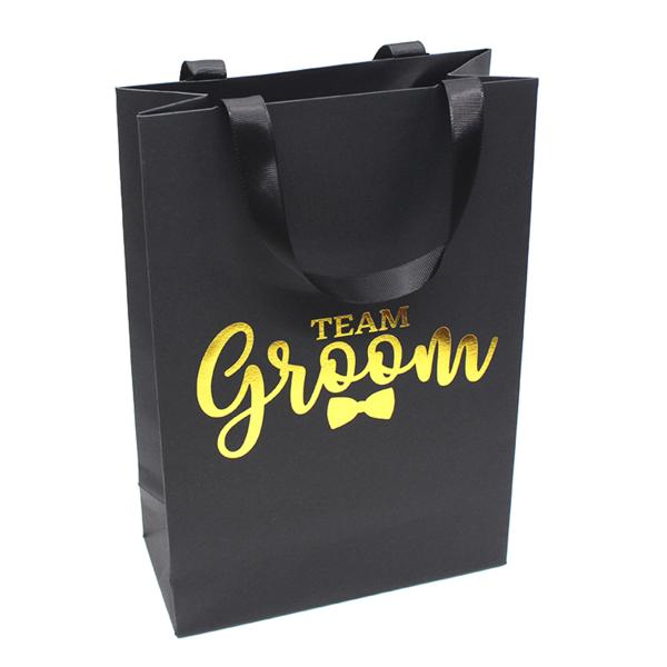 Black Wedding Jewelry Branded Paper Bags With Grosgrain Handle Gold Foil Logo