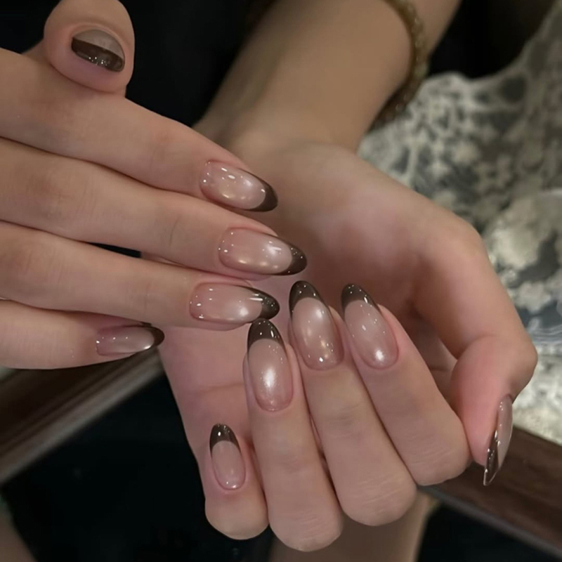 Long Almond French Tip Press On Nails Cat Eye No Nail Salon Visit Needed