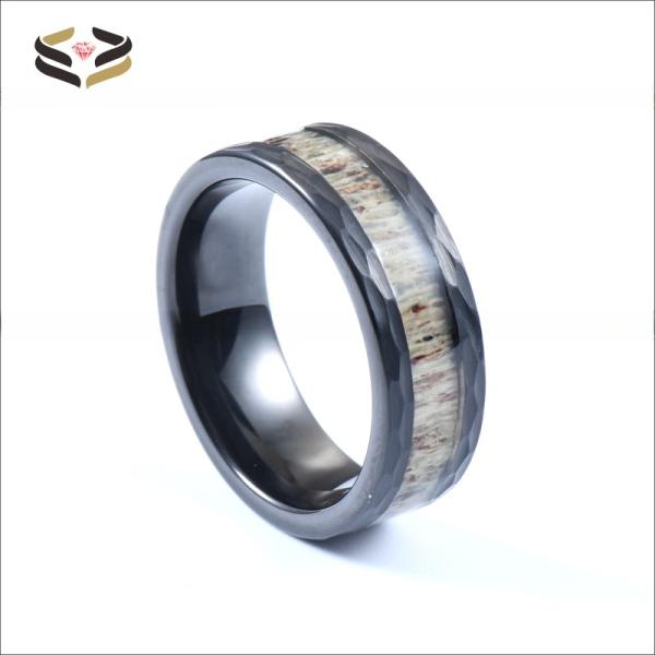 Sample Making Service Custom 8mm Hammered Black Tungsten Inlay Deer Antler Jewelry Rings Trendy Style for Men's Wedding