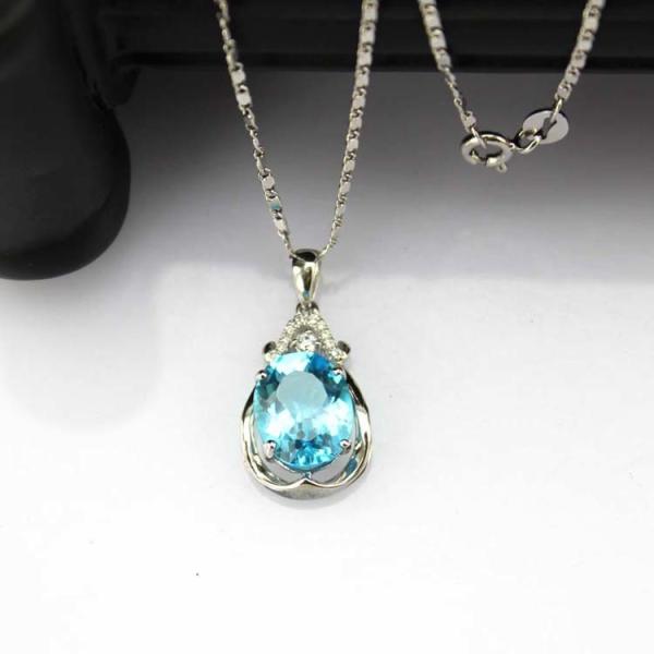 925 Silver Jewelry 9mm x11mm Oval Blue Topaz  Cubic Zircon Pendant(PSJ0420)