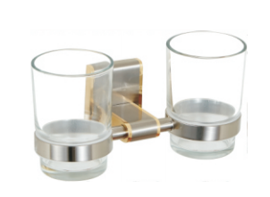 Double Tumbler holder 85204-Square &Brass,clear glass&Nickel Brush +Golden&Bathroom Accessory&fittings&Sanitary Hardware