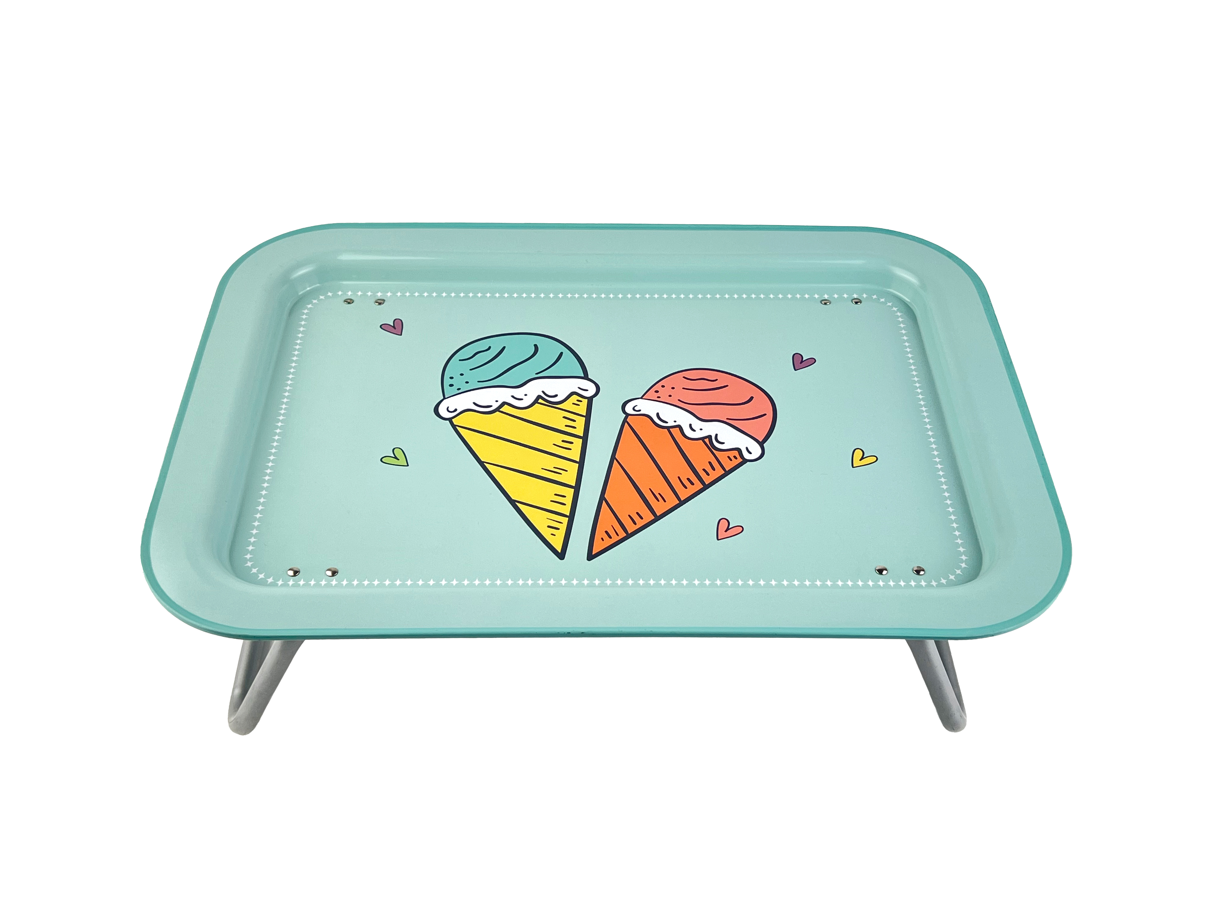 Metal Lap Desk with Foldable Legs and Ice Cream Pattern - 17x12 Inches TV Bed Lap Tray