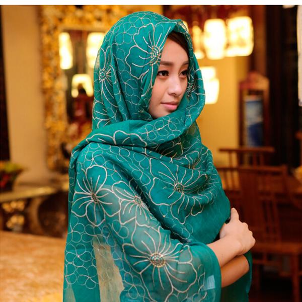 Fashion Tudung Silk Scarf Flower Embroidery Scarf Muslim Tudung Muslim Scarf