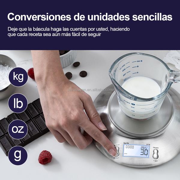 Escala de cocina digital de acero inoxidable de alta precisión 5 kg / 1g con tazón de masa de masa removible y batería de tiempo de habitación